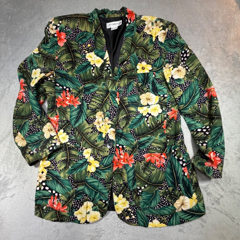 Vintage Liz Claiborne Tropical Floral Polka Dot Blazer Green Yellow 90s Large